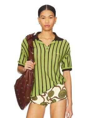 NEW SIEDRES Rounes Top in Green & Brown Stripe Short Sleeve Polo Jersey XS